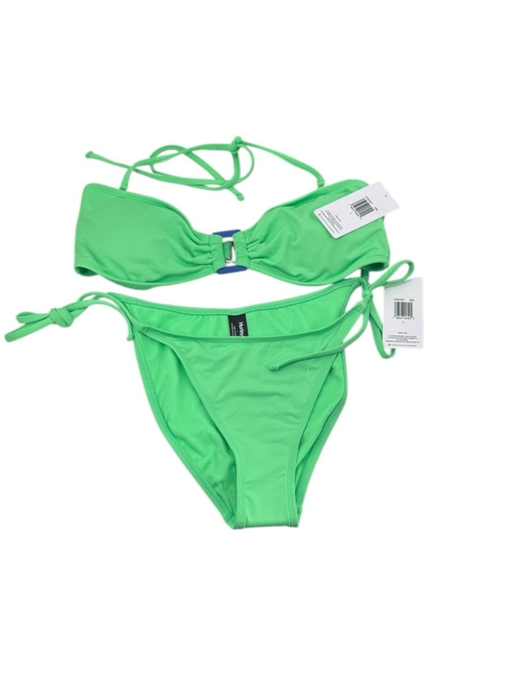 Hurley Bright Green Bikini Set Bandeau top halter tie bottoms sz lg NWT